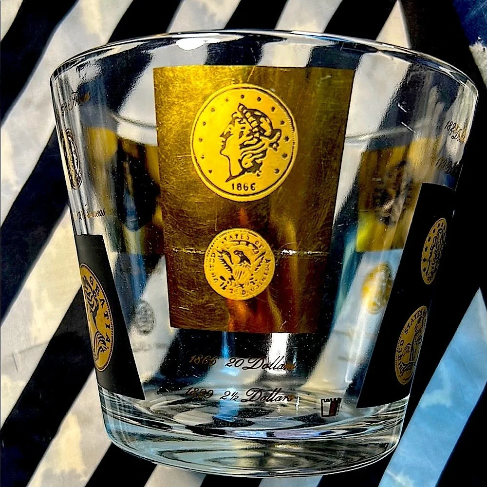 Vintage‎ MCM Cera Glass Ice Bucket with Stand– Gold/Black Coin Design